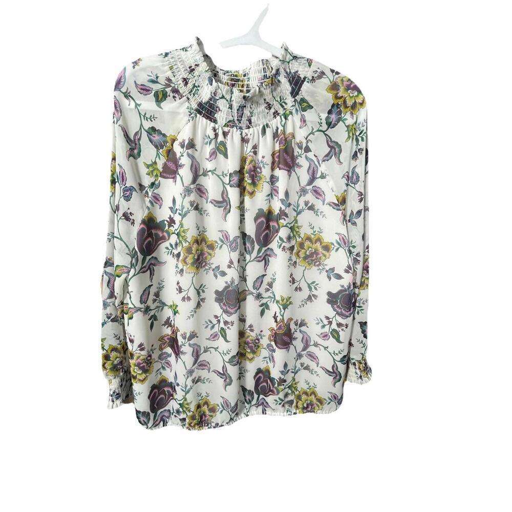 Ann Taylor Smocked Floral Blouse Mock Neck Purple Flowers Lined Sz Med Petite